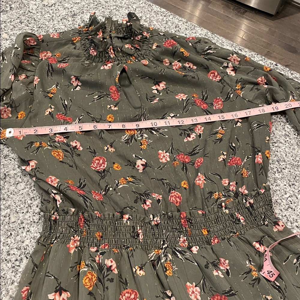 Anthropologie Drew Green Floral Chiffon Smocked High Neck Long Sleeve Dress - Picture 12 of 14